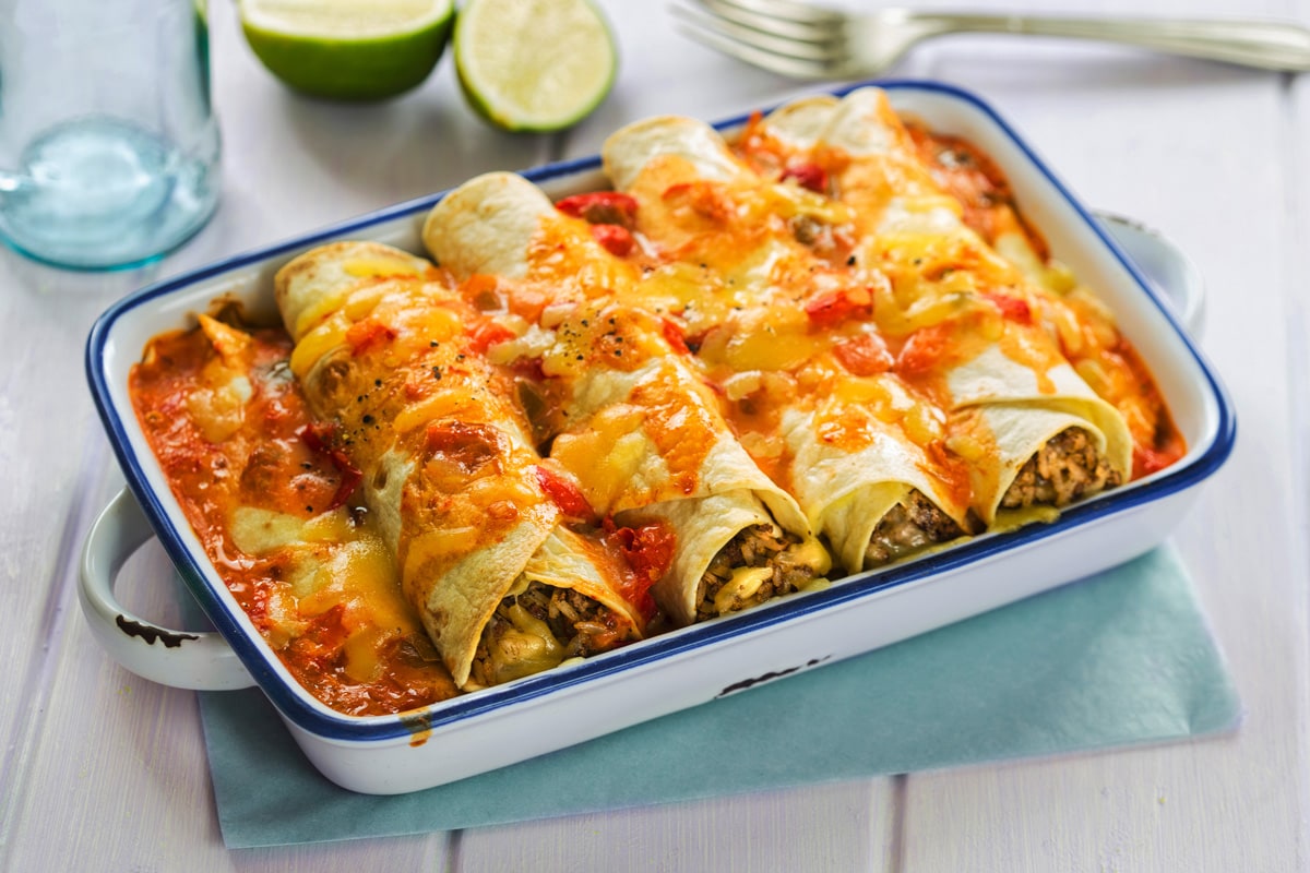 Beef enchiladas with tomato sauce and cheese