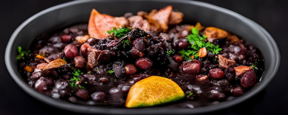 Feijoada with black beans with pepperoni bacon and jerky. Traditional Brazillian dish