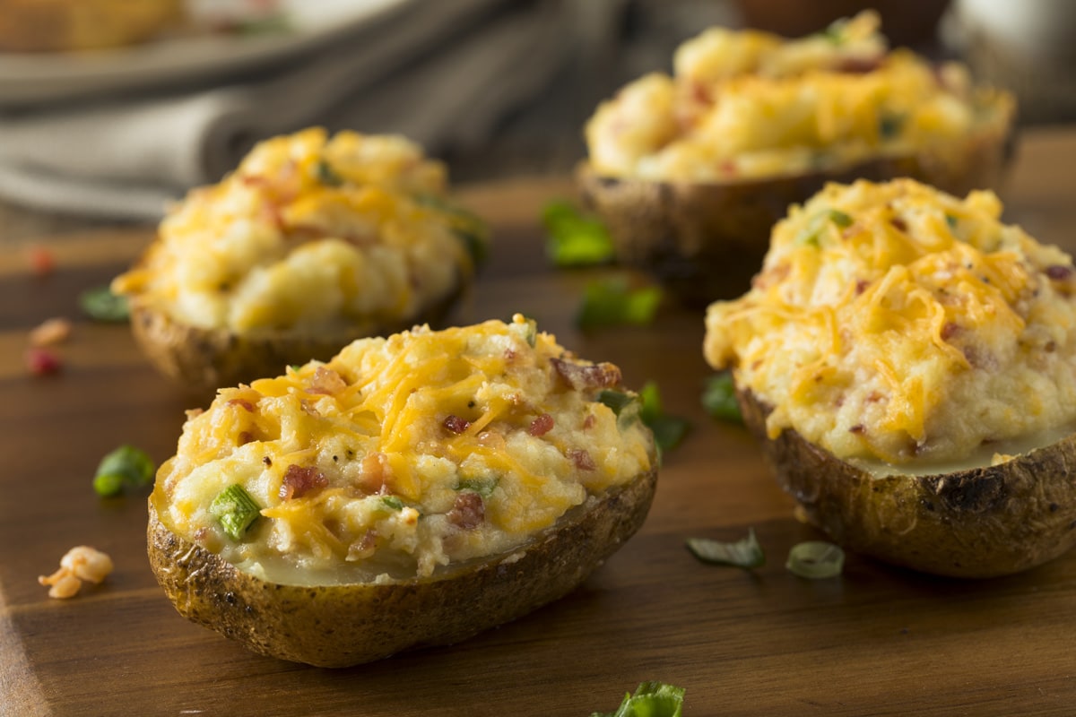 Homemade Twice Baked Potatoes with Bacon and Cheese.