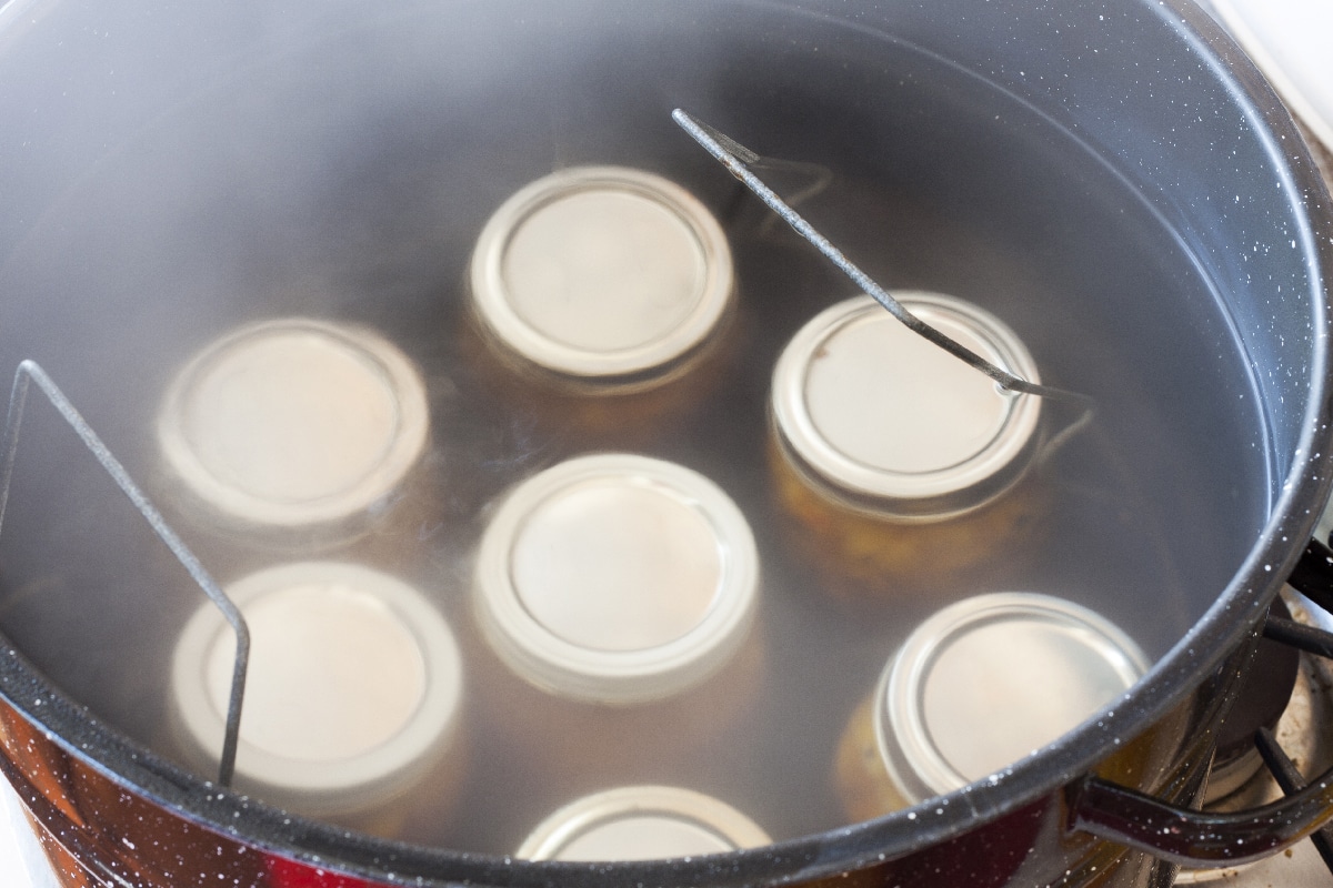 Jars of homemade Peach jam in a boiling water bath