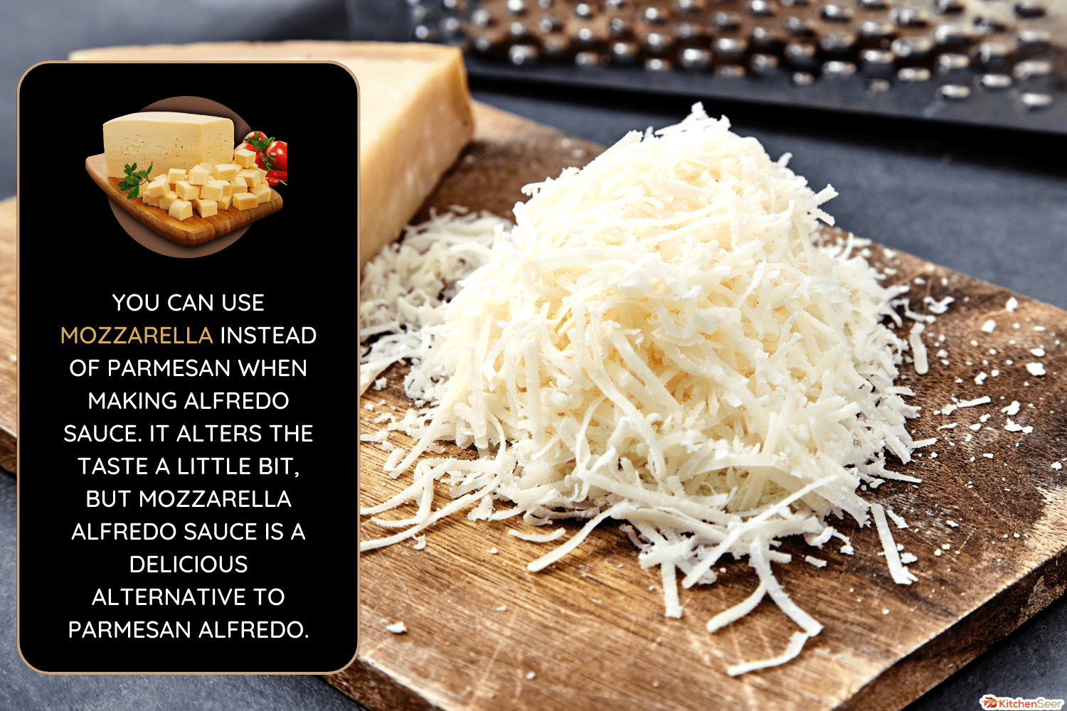 Piece and grated parmigiano reggiano or parmesan cheese on wwood board on checkered napkin . Grated parmesan uses in pasta dishes, soups, risottos and grated over salads. - Can You Use Mozzarella Instead Of Parmesan In Alfredo