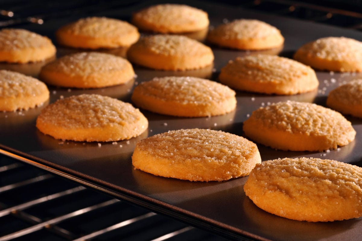 sugar cookies baking oven closeup shallow