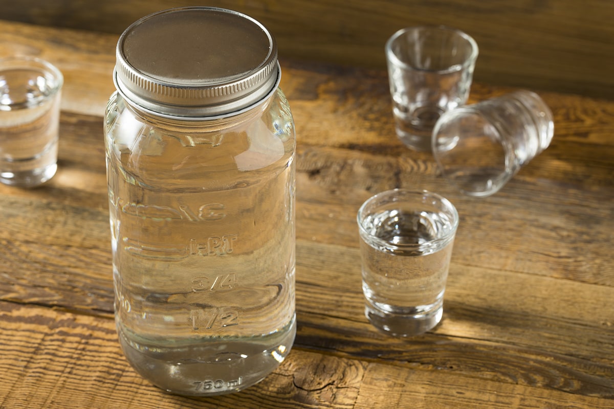 Boozy alcoholic american moonshine shots ready to drink
