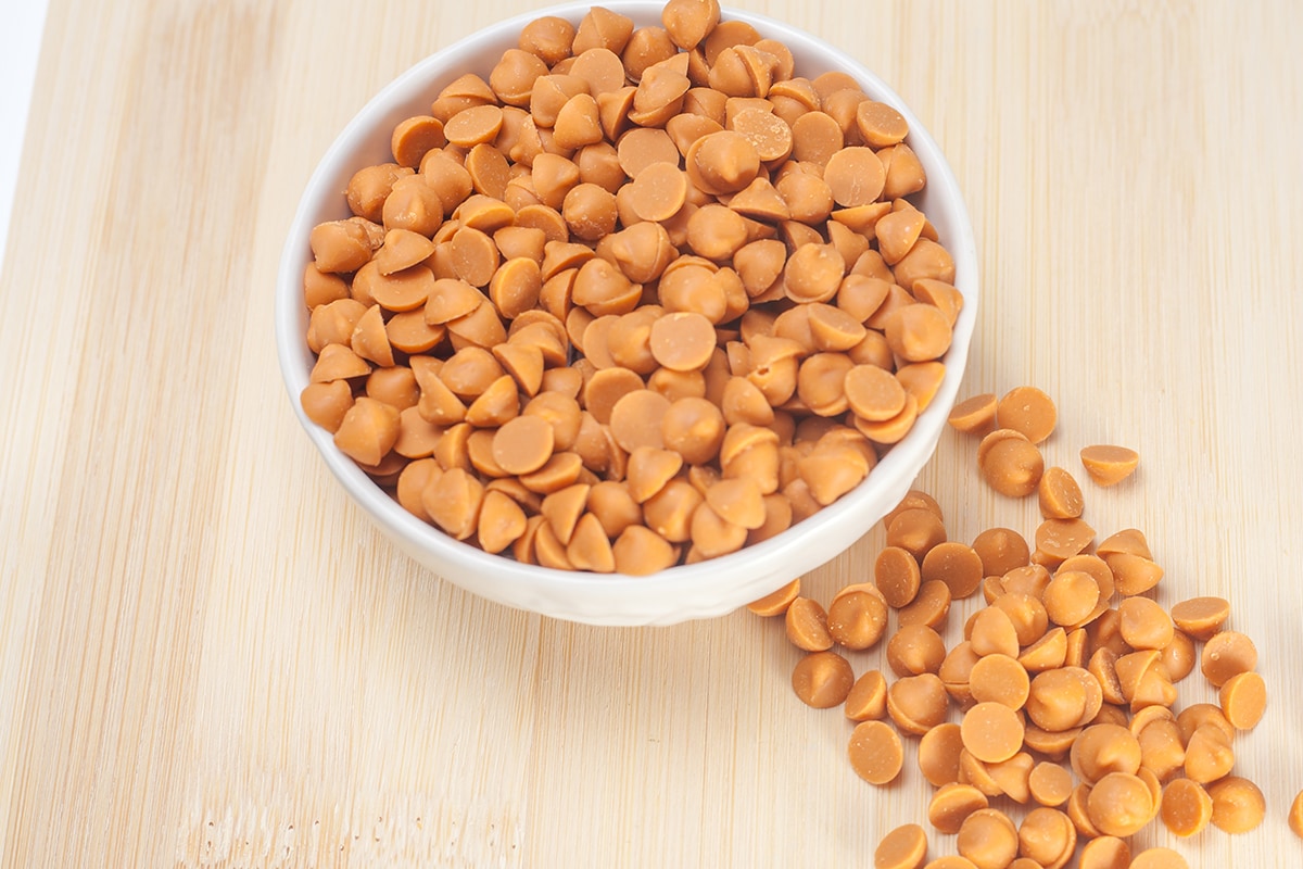 Butterscotch chips in white bowl