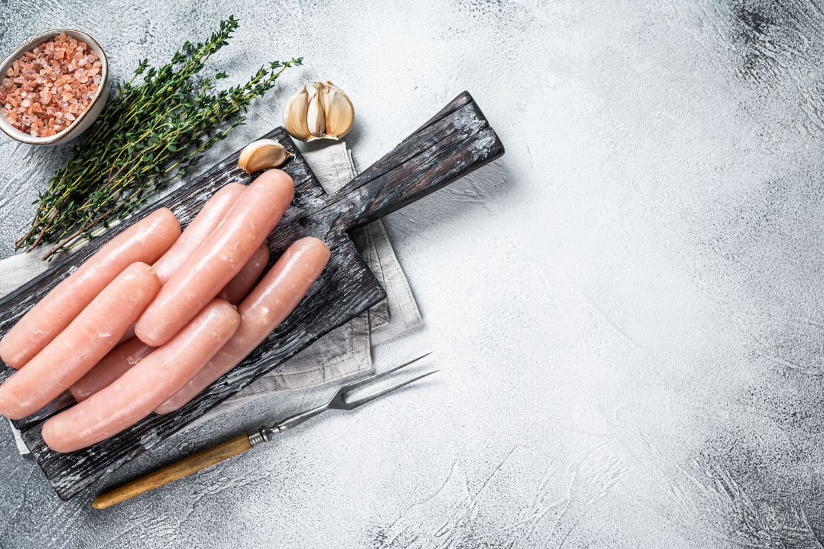 Chicken and turkey meat raw sausages on a wooden board with thyme