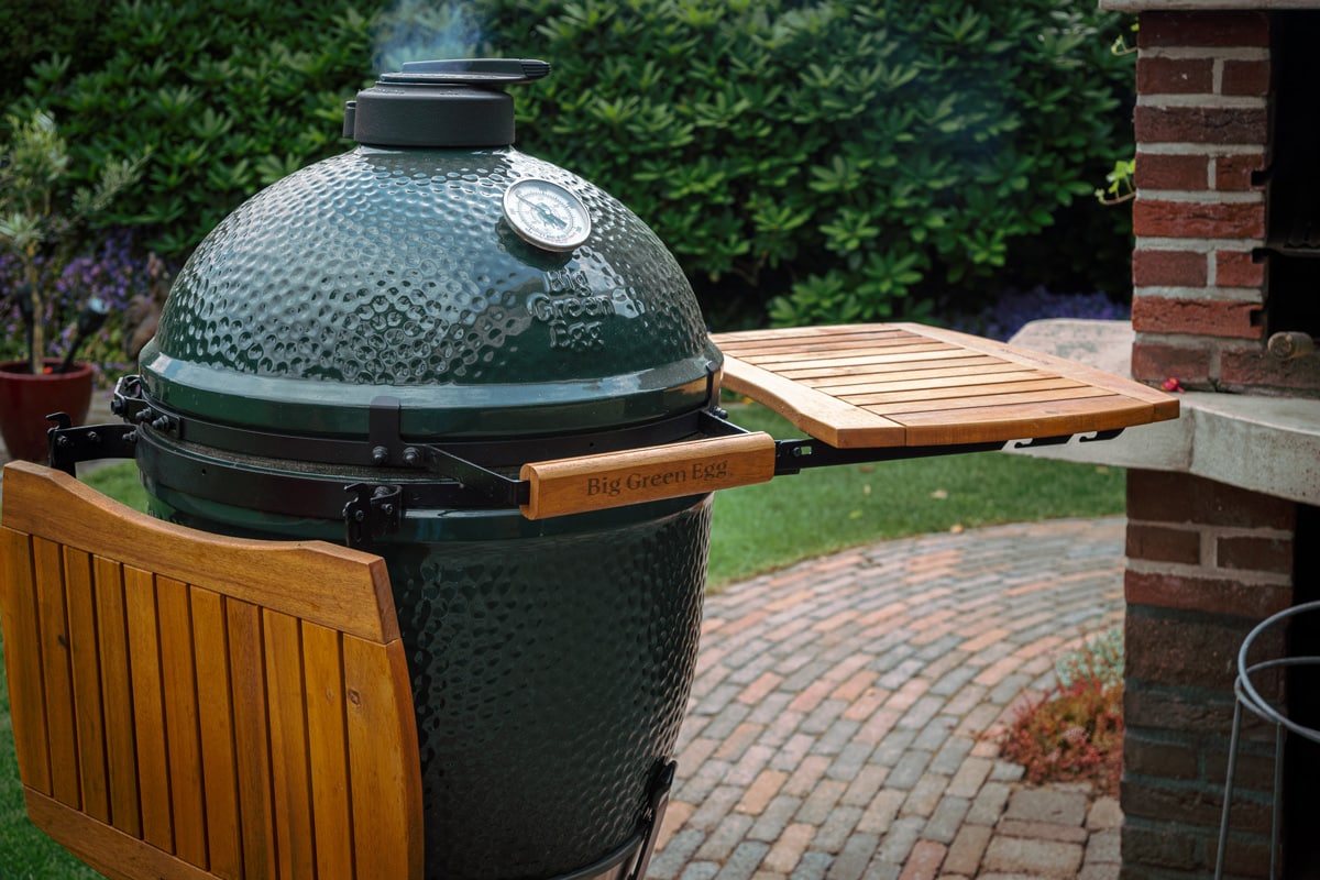 Close up image of the big size The Green Egg outdoor barbecue. Very popular ceramic bbq Large The Green Egg.
