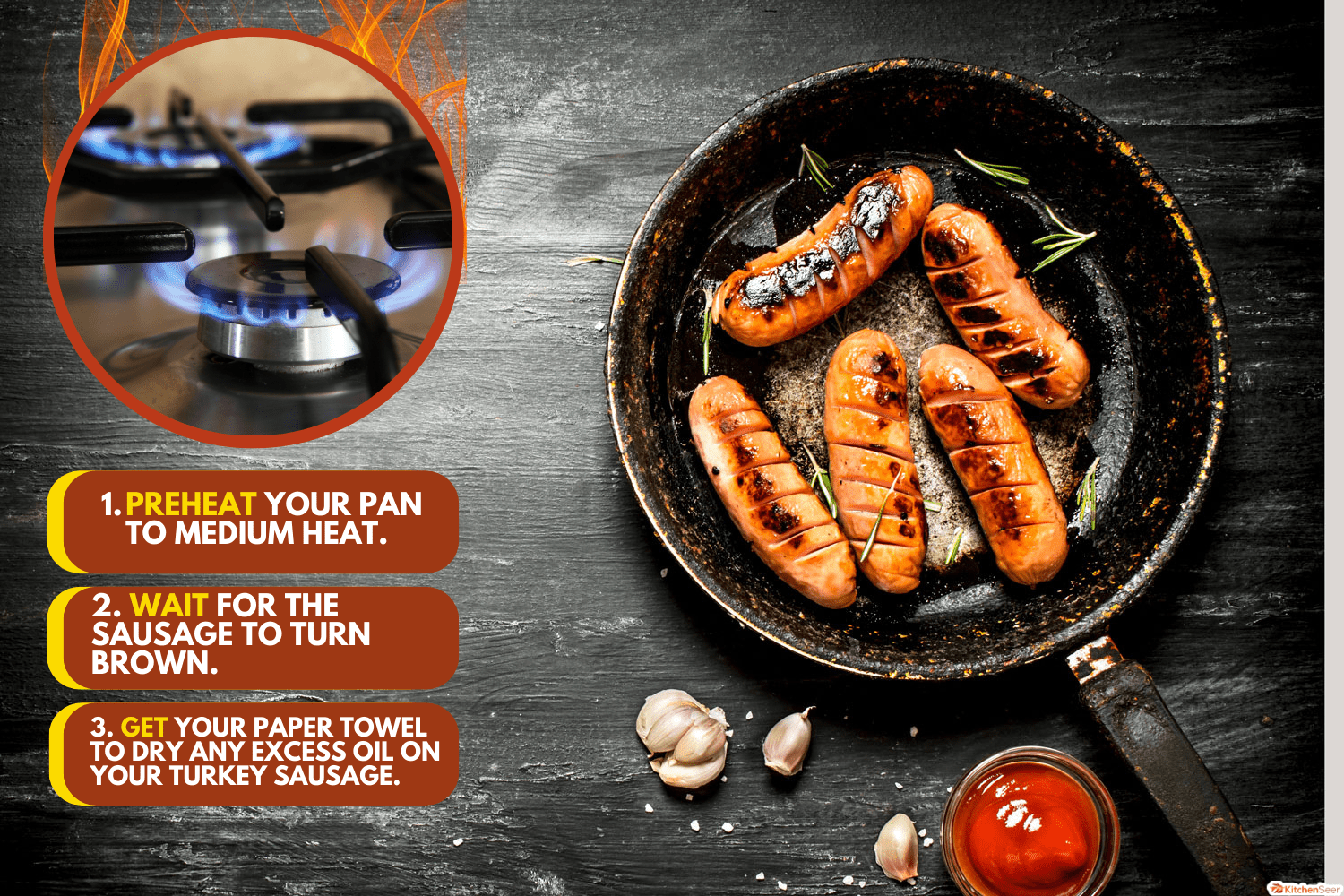 Fried sausages with garlic and tomato sauce in the pan. On the black Board, Do You Have To Cook Smoked Turkey Sausage