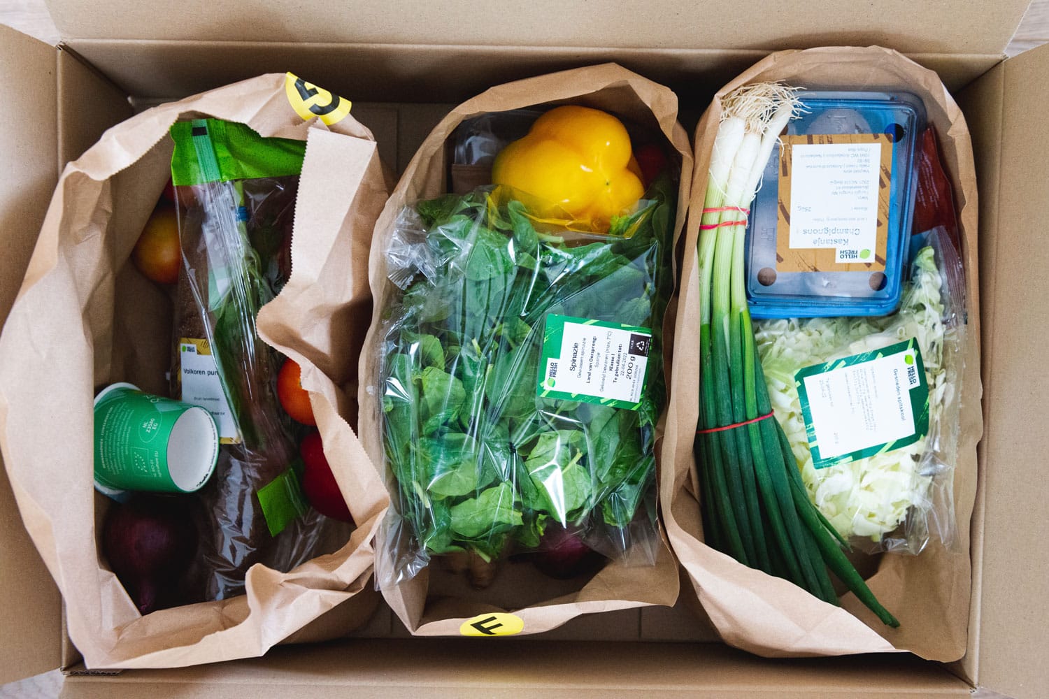Hello Fresh, meal box on a kitchen table, food delivery, fresh vegetables with meat, fish or vegetarian and even vegan. ingredients for dinner, cooking yourself