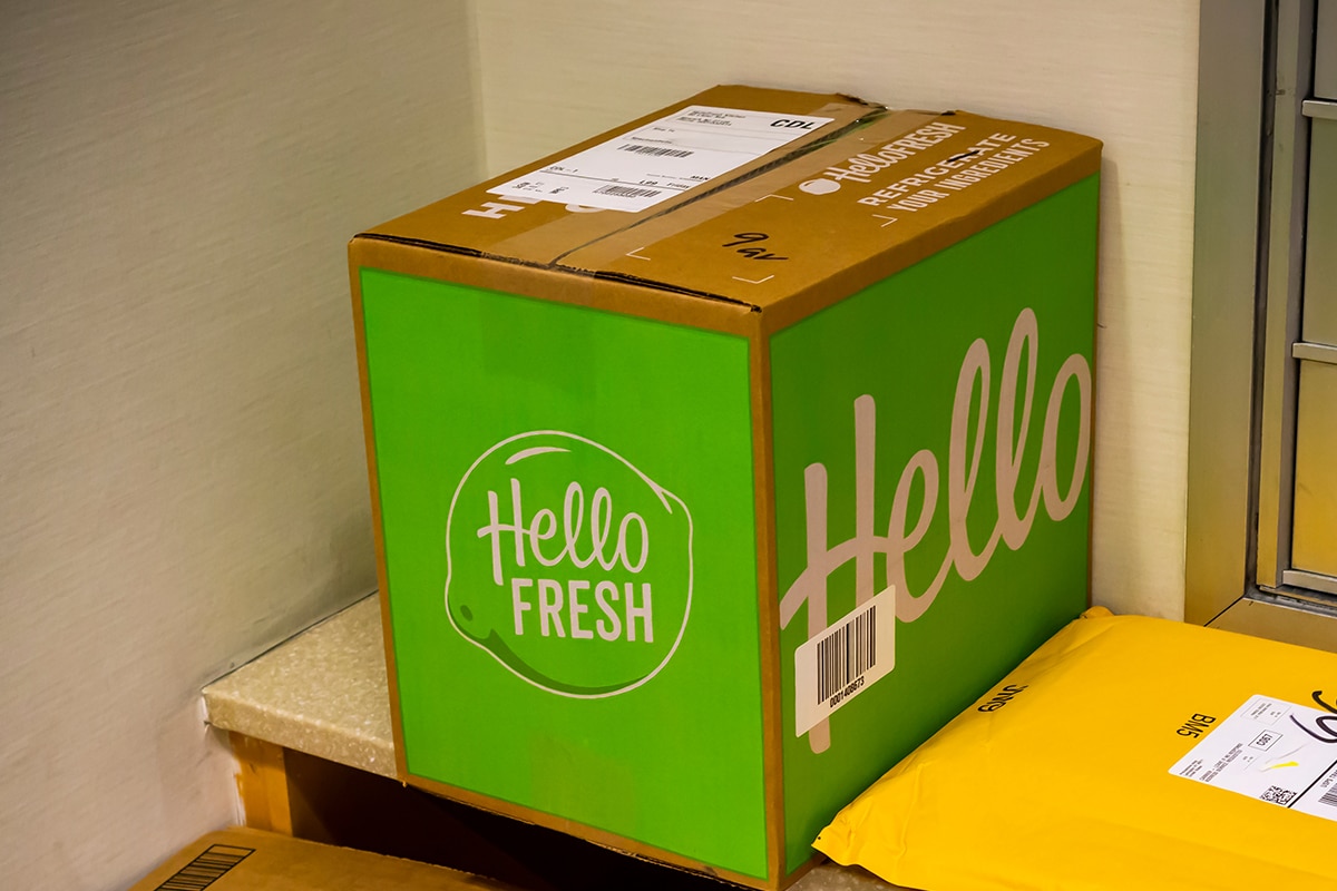 Hello Fresh meal subscription service waits to be picked up in the lobby of an apartment building