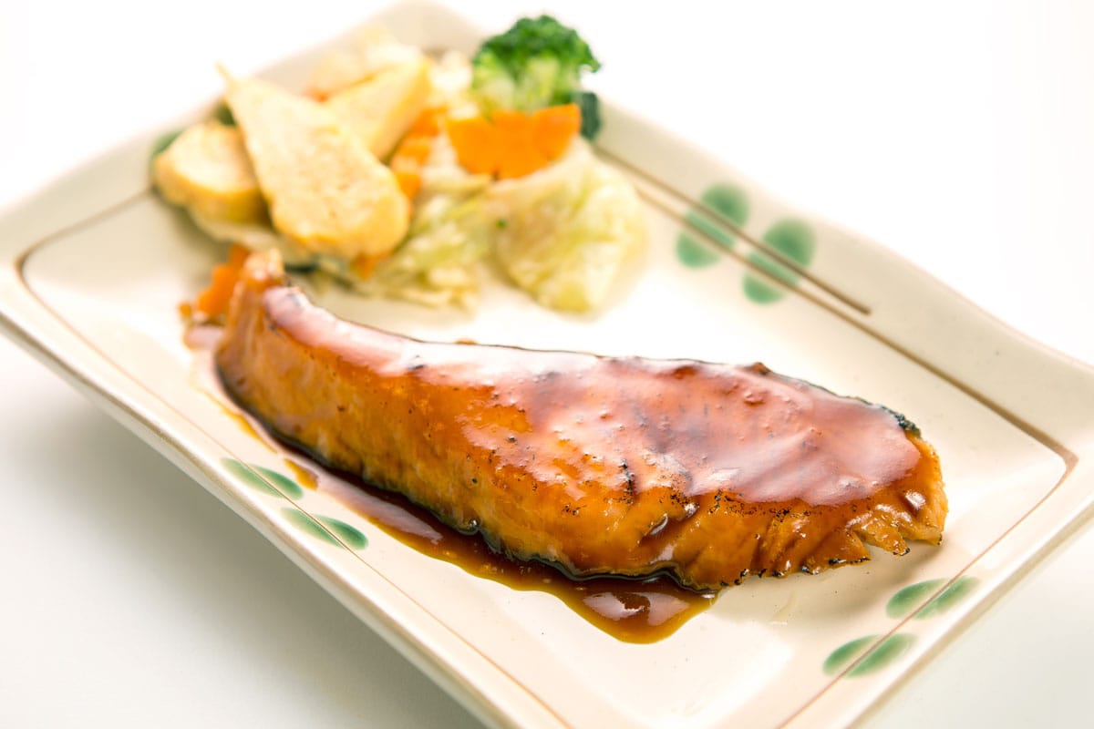 Honey Soy glaze salmon with fresh veggies on the side
