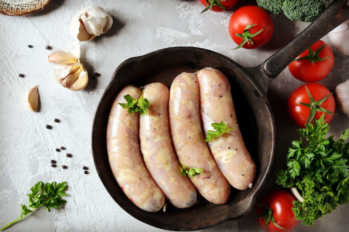 Raw homemade sausages in a pan on a gray background with vegetables