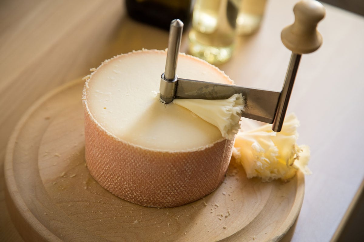 Slicing Tête de Moin Cheese using a Girolle knife