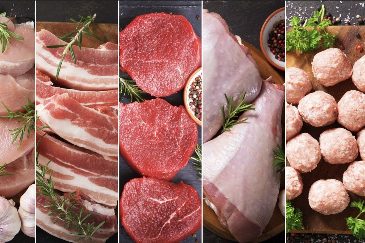 food collage of various types fresh meat on dark background.