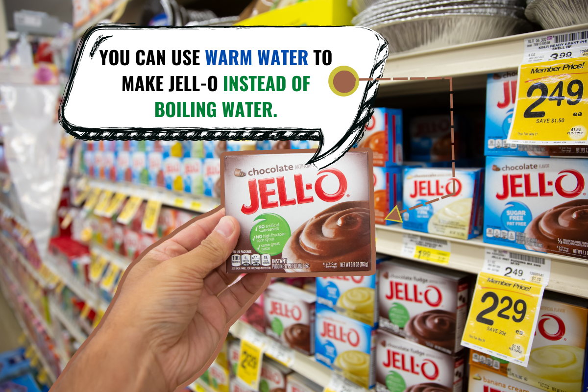 _view of a hand holding a package of Jell-o chocolate pudding mix, on display at a local grocery store. - Can You Make Jell-O Without Boiling Water