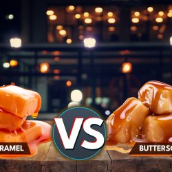 image of wooden table in front of abstract blurred background of resturant lights with images of butterscotch and caramel, Butterscotch Vs. Caramel: Differences In Taste, Color, & Texture