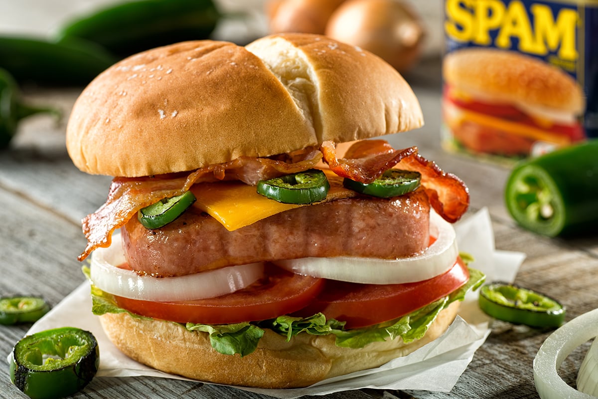 Cheddar jalapeno burger made with Spam canned luncheon meat