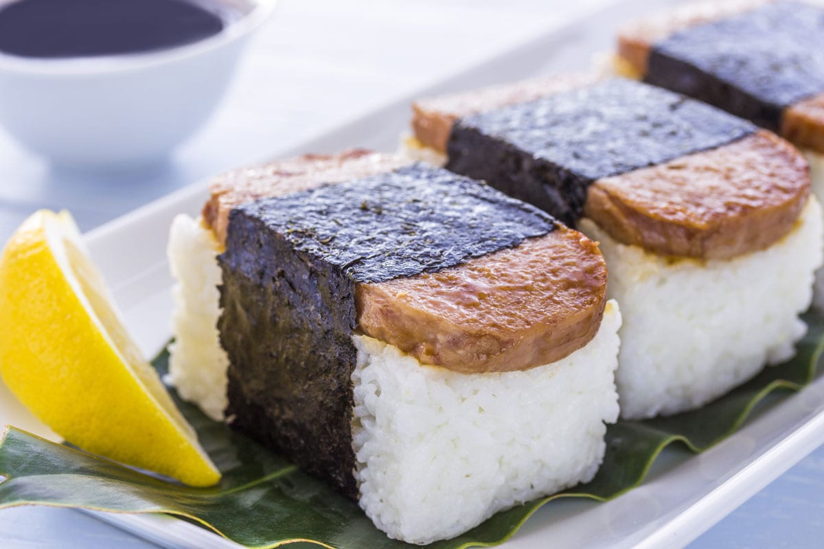 Common Hawaiian food of spam, rice and nori (seaweed)