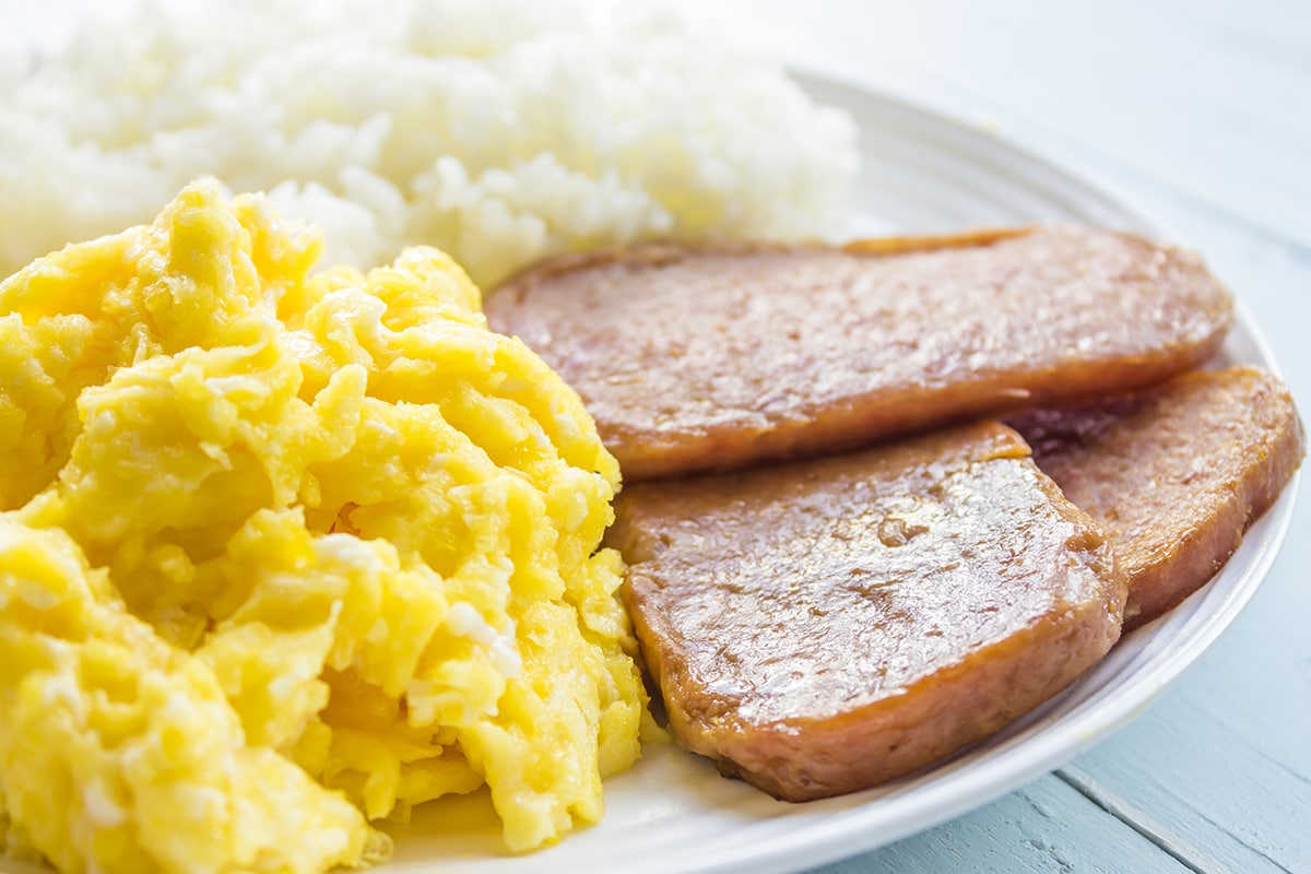 Common hawaiian breakfast of spam, eggs and rice