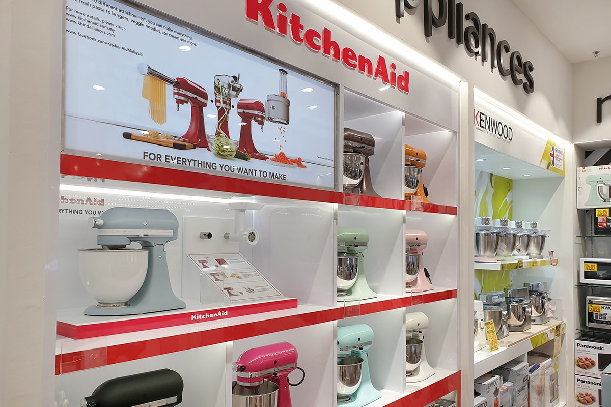 KitchenAid stand mixers on store shelf