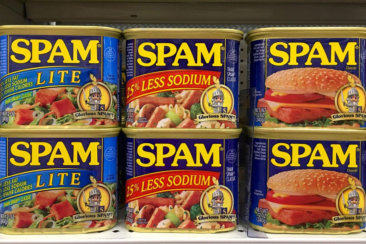 Light, low sodium and regular glorious spam in cans.