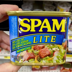 Man holding a small can of Spam lite, Spam Lite Vs Spam What's The Difference