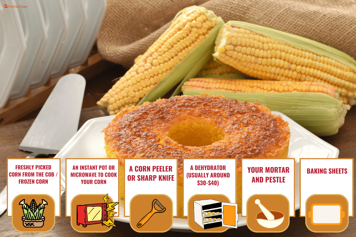 The corn cake in a plate on a wooden table with corn cobs and a wooden pot. - How To Grind Corn Without A Grinder