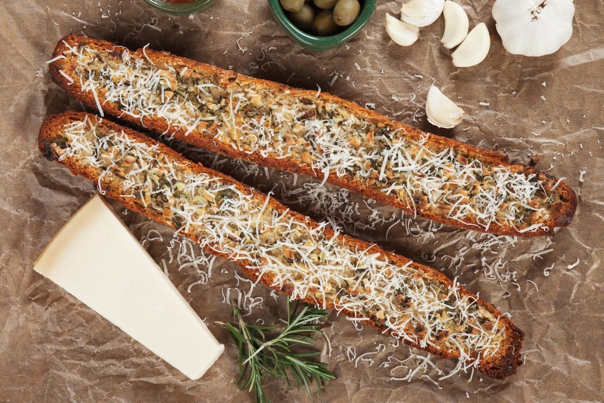 Toasted garlic bread with parmesan cheese and rosemary