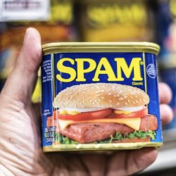 Shoppers hand holding a can of SPAM brand canned meat, How Long Does Spam Last In The Fridge? [Opened & Unopened]