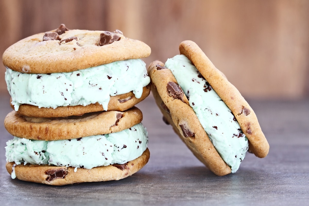 Chocolate chip mint ice cream cookie sandwiches. Extreme shallow depth of field with selective on