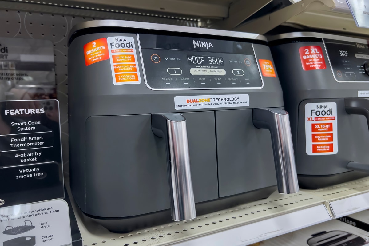 Close up view of Ninja Foodi air fryers for sale inside a Target retail store