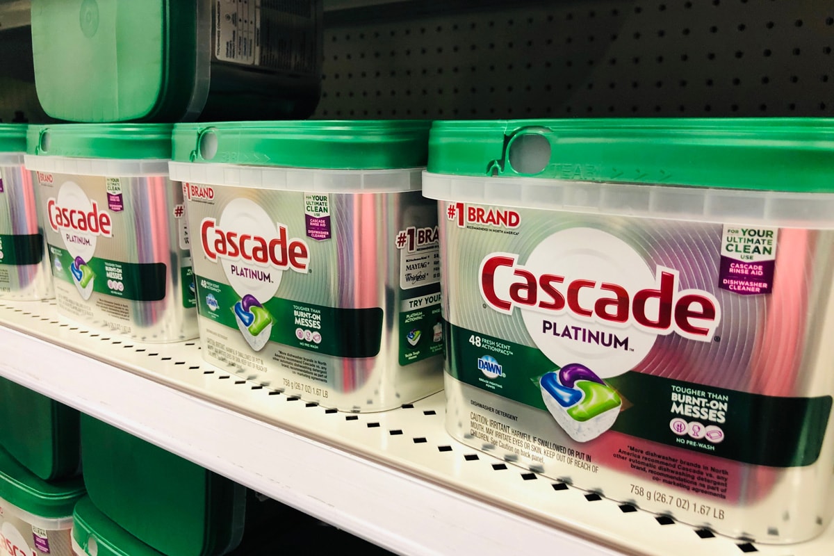 Packages of Cascade brand Premium dishwasher tablets detergent on sale at a store