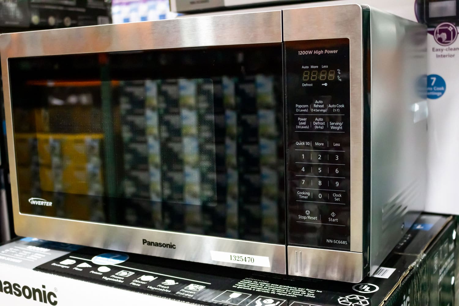 A view of a Panasonic Inverter microwave on display at a local department store.