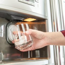 Woman's hand holds glass and uses refrigerator to make fresh clean ice cubes, How To Reset A Thermador Ice Maker [Quicly & Easily] 1600x900