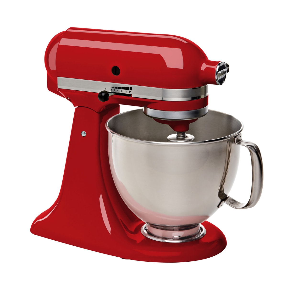 A red colored KitchenAid mixer