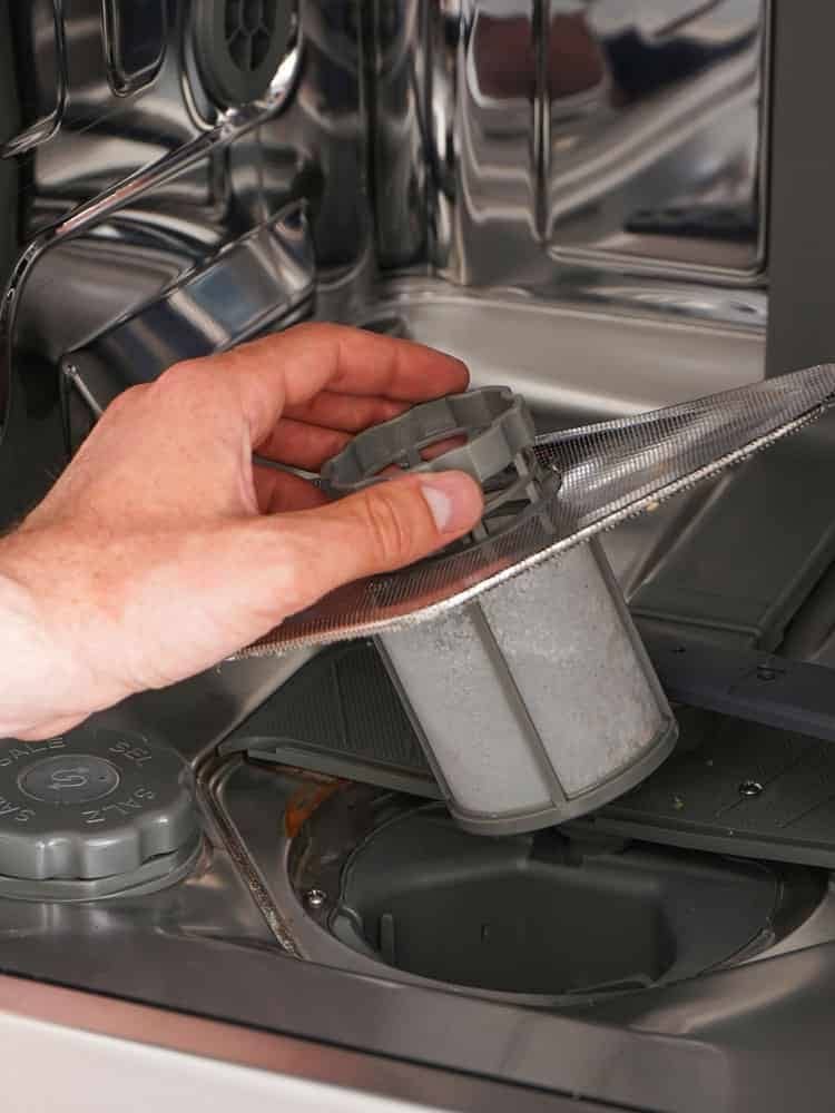 A man cleans the filter in the dishwasher